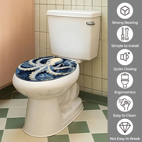 Toilet Seat Round Resin for Bathroom on a white toilet, featuring an octopus design, easy to install and clean.