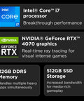 Close-up of specifications for Beast Mode Gaming Laptop With Nvidia Rtx 4070 8Gb Graphics And Intel Core I7-14650Hx Processor And 32Gb Ram.
