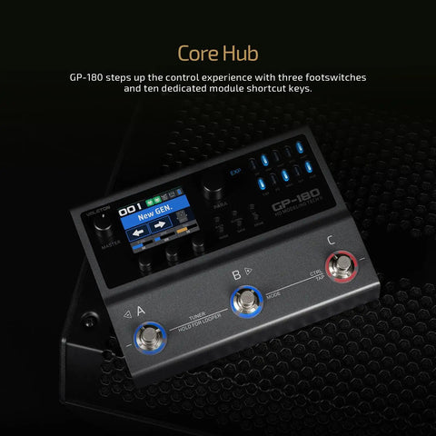 GP-180 Multi-Effects Guitar Processor With HD Modeling on textured surface, showing control panel and footswitches