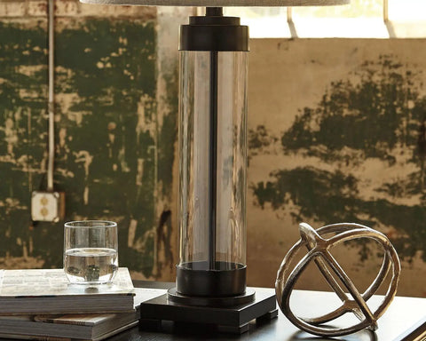 Industrial Glass Table Lamp With Drum Shade In Bronze Finish 30 Inch Modern Bedroom And Living Room Lighting Sleek Metal And Glass Base