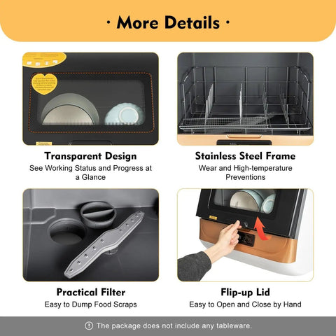 More details of Heavy Duty Compact Countertop Dishwasher Boasting 3 In 1 Wash Cycles Plus 24 Hour Digital Timer Capability for small kitchens.