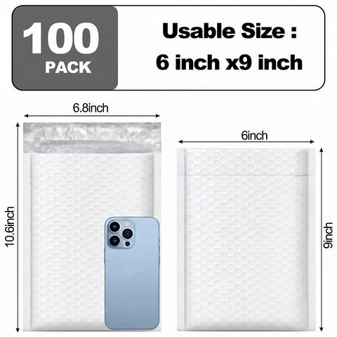 100 Pack 6x10 Inch Bubble Mailers With 6x9 Inch Inner Size Self Seal Padded Envelopes shown with phone for size reference