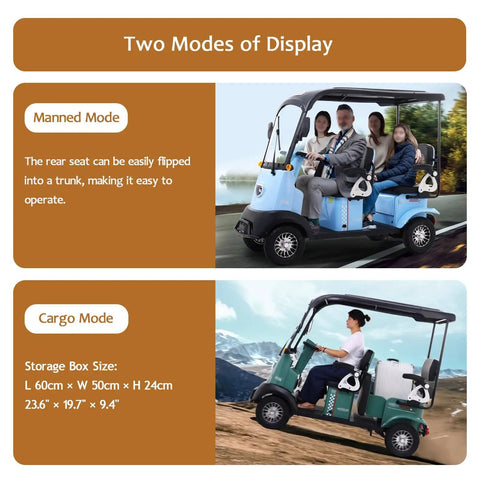 Four Passenger Electric Golf Cart Loaded With An 800W Brushless Motor And 60V Lithium Battery built for manned and cargo modes.