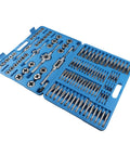 HUIOP Premium 110 Pc Metric Tap And Die Set Wrenches For Steel Hand Threading Kit With Taps Dies Torque Tools Repair Nuts Bolts Gear Fixing, blue case open