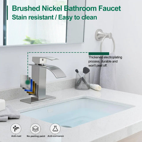 Brushed Nickel Waterfall Bathroom Faucet With Modern Single Handle for 1 or 3 Holes with Deck Plate in contemporary bathroom.