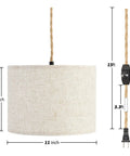 Plug In Pendant Lights With Smooth Dimmer Switch And 15 Foot Braided Hemp Cord For Super Chill Bedroom Or Living Room Vibes Two Pack Quick Hook Up Beige Linen Shades and dimensions.
