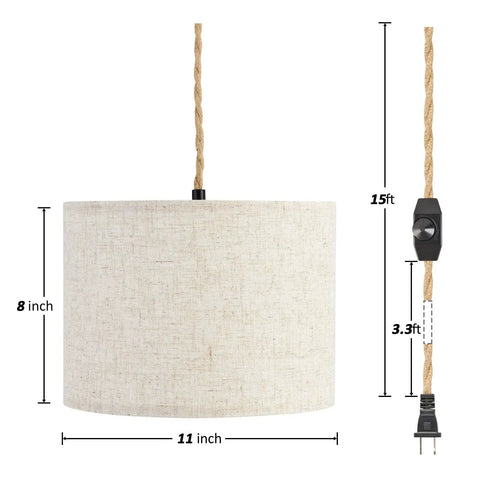Plug In Pendant Lights With Smooth Dimmer Switch And 15 Foot Braided Hemp Cord For Super Chill Bedroom Or Living Room Vibes Two Pack Quick Hook Up Beige Linen Shades and dimensions.