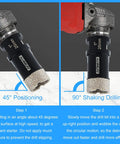 1 Inch Dry Diamond Core Drill Bit For Tile And Concrete - Pro Grade Vacuum Brazed Hole Saw For Porcelain Ceramic Granite Brick Concrete With 5/8-11 Thread To 3/8 Inch Hex Shank Adapter, Black, shown drilling at two angles