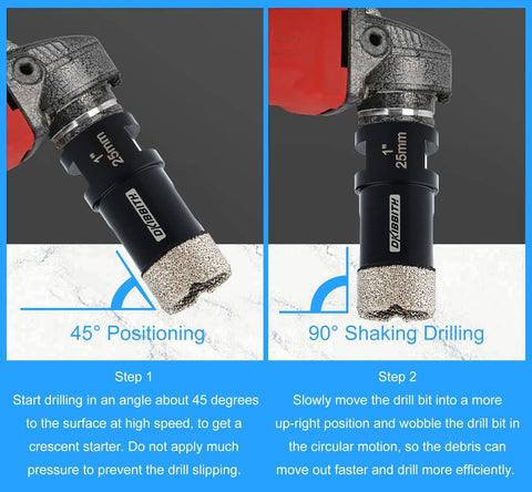 1 Inch Dry Diamond Core Drill Bit For Tile And Concrete - Pro Grade Vacuum Brazed Hole Saw For Porcelain Ceramic Granite Brick Concrete With 5/8-11 Thread To 3/8 Inch Hex Shank Adapter, Black, shown drilling at two angles