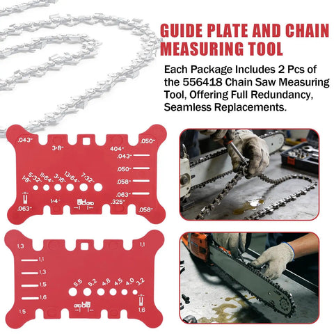 Chainsaw Chain Measuring Tool Kit 2 Pack For Pitch Gauge Bar Groove Width And File Size Compact Red Universal Compatibility Easy Read Measurements For One Fourth Inch.325 Three Eighths Inch.404 Inch Chainsaw Maintenance Gear shown with red measuring tools and chain.