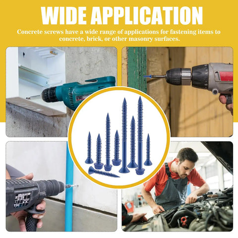 Concrete Screw Assortment Kit With Drill Bit, 300 Pieces, for fastening items to concrete, brick, or masonry surfaces, shown in use