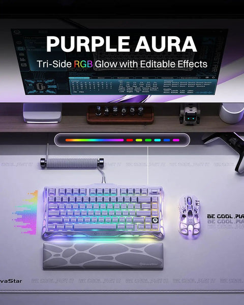 Compact 75 Percent Wireless Mechanical Gaming Keyboard Featuring Premium Aluminum Chassis And Adjustable RGB Lighting displayed on a desk.