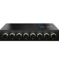 Front view of 8-Port Industrial Gigabit PoE Switch With M12 X-Coded, unmanaged Ethernet hub for vehicle cameras and industrial networks.