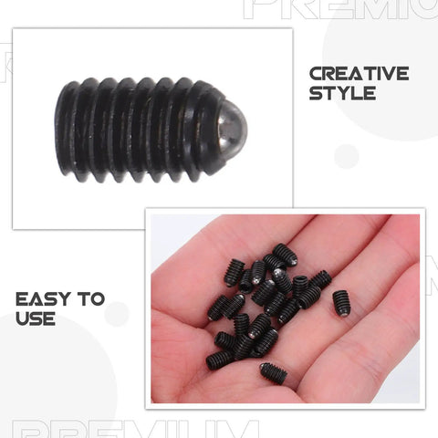 Kickass Stainless Steel Ball Plunger Screws 50 Pack M4 X 6 Hex Socket. Individual black spring fastener and hand-held group with ball tip.