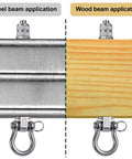Top Shelf Heavy Duty Swing Hangers Rust Proof 304 Stainless Steel shown on steel and wood beams for sturdy installation.