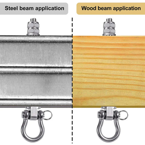 Top Shelf Heavy Duty Swing Hangers Rust Proof 304 Stainless Steel shown on steel and wood beams for sturdy installation.