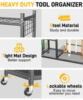 Heavy Duty Garden Tool Organizer With Lockable Wheels, featuring steel material, tight mat design, and sturdy wheel support.