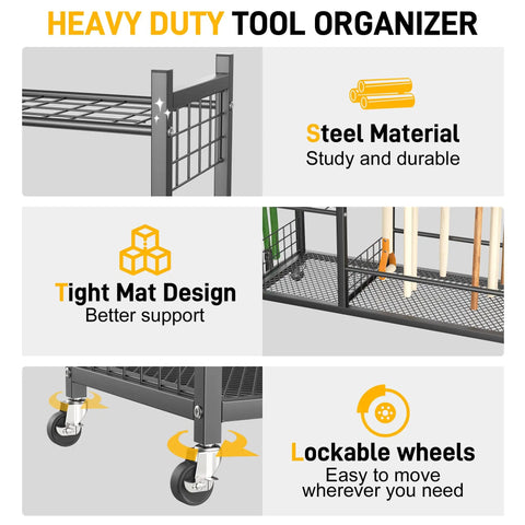 Heavy Duty Garden Tool Organizer With Lockable Wheels, featuring steel material, tight mat design, and sturdy wheel support.