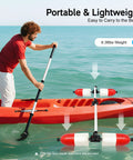 Man using Portable Kayak Stabilizer With Detachable Outriggers For Canoes And Inflatable Boats, Quick Release Buttons, PVC and Aluminum