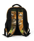 Back view of Dope Striped Forest Tiger Print Unisex Backpack With Huge Capacity, durable polyester, breathable fabric, smooth zipper.