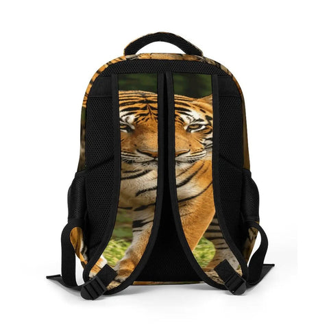 Back view of Dope Striped Forest Tiger Print Unisex Backpack With Huge Capacity, durable polyester, breathable fabric, smooth zipper.