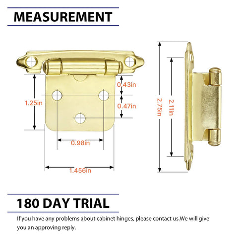 Brushed Brass Cabinet Hinges Self Closing Half Inch Overlay Gold Face Mount, dimensions and measurements detail