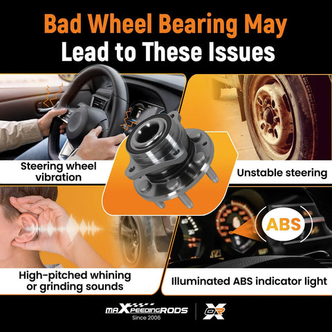 Diagram showing issues from bad wheel bearing: steering wheel vibration, unstable steering, ABS light, whining sounds.