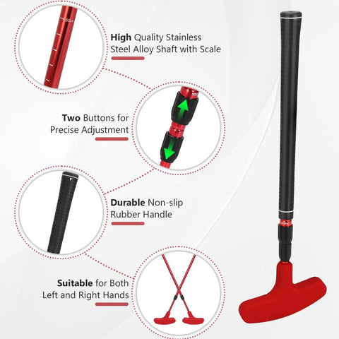 Two Pack Adjustable Golf Putters For Men And Women With 6 Practice Balls, showcasing red putter with non-slip grip and adjustable shaft.
