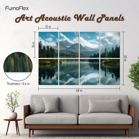 Decorative Acoustic Wall Panels With Heavy Duty Adhesive Peel And Stick Sound Proof Foam Tiles For No Sweat Noise Dampening Breezy Setup For Echo Reduction Stylish Mountain Lake View Design A Solid Block For Fresh Vibes 48 By 32 Inches on a modern living room wall.