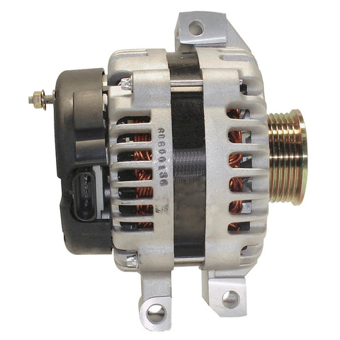 Side view of remanufactured alternator with high quality bearings, low noise operation, double lip seals, and high temp lubricant.