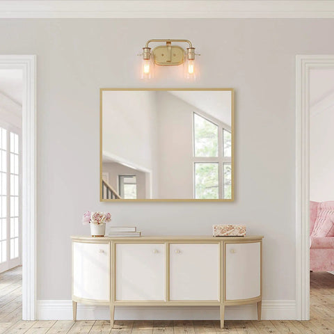 Soft Gold 4 Light Vanity Fixture With Seeded Glass Shade 31 Inch in elegant home interior above white console