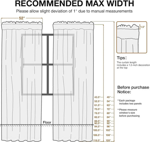 Diagram of Beige Semi Sheer Privacy Curtains for Living Room and Bedroom, 96 Inch Length Two Panels with measurements and tips.