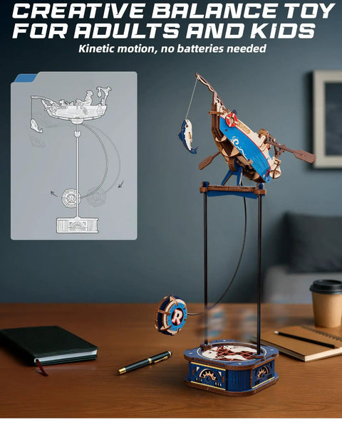 3D Wooden Puzzle Kit For Adults featuring Gravity Swing Ship Model on desk, kinetic activity display piece