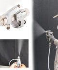Heavy Duty Pneumatic Paint Sprayer A Real Game Changer For Factory Floors showing spray nozzle and person painting on wall.