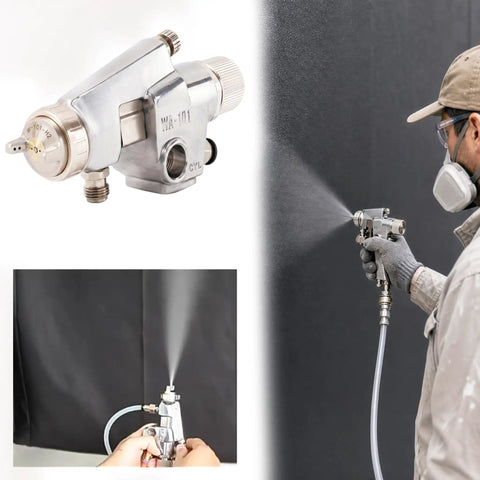 Heavy Duty Pneumatic Paint Sprayer A Real Game Changer For Factory Floors showing spray nozzle and person painting on wall.