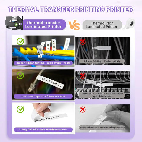 Comparison of Thermal Transfer Printer and Non-Laminated Printer highlighting benefits of BZ Laminated Tapes for durability.