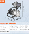 1HP Shallow Well Pump Portable Jet Pump With Automatic Controller 1380 GPH 145 Ft Head Stainless Steel Water Transfer