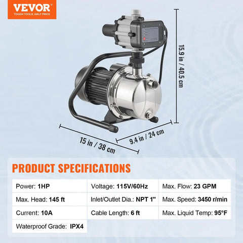 1HP Shallow Well Pump Portable Jet Pump With Automatic Controller 1380 GPH 145 Ft Head Stainless Steel Water Transfer