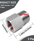 Two Pack 3/8 NPT Female To 1/2 NPT Male Hex Pipe Fitting Reducer Adapter Tough As Nails 304 Stainless Steel Build, size details.