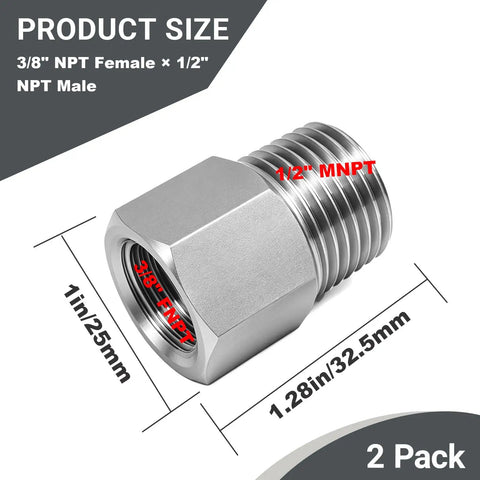 Two Pack 3/8 NPT Female To 1/2 NPT Male Hex Pipe Fitting Reducer Adapter Tough As Nails 304 Stainless Steel Build, size details.