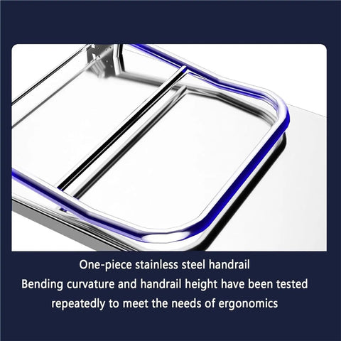 Heavy Duty Folding Platform Cart Featuring Smooth Five Inch Swivel Casters And Smart Weight Distribution For No Sweat Moves and stress free hauls around the house or shop, showing one-piece stainless steel handrail.