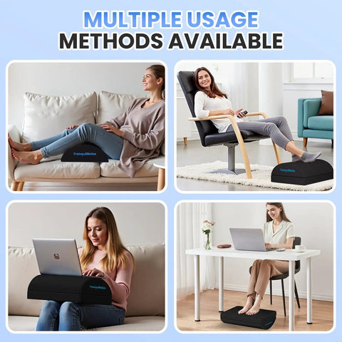 Collage of users with Under Desk Foot Rest Ergonomic Foot Stool With Three Adjustable Heights And Washable Cover for various settings
