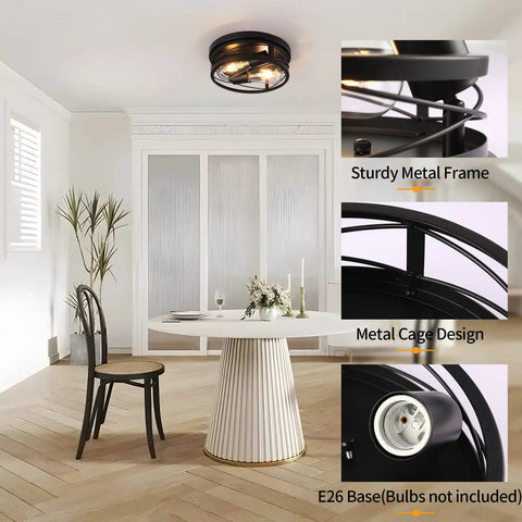 Farmhouse Black 2 Light Flush Mount Ceiling Light Fixture With Industrial Metal Cage Shade, dining room installation view.