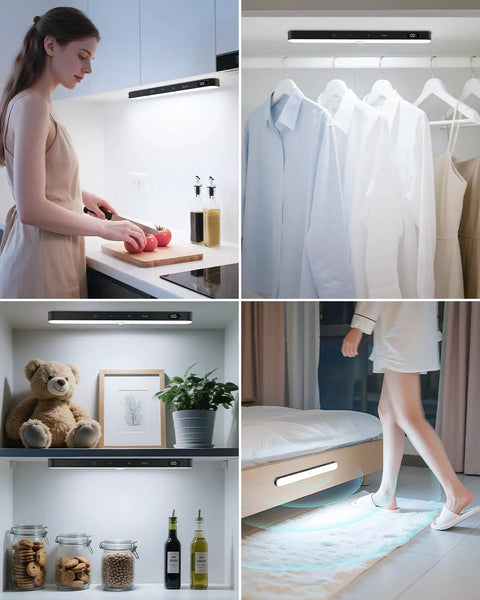 Go-To Rechargeable Under Cabinet Lights With Battery Level Display 60 LED Motion Sensor Dimmable in kitchen, closet, and bedroom use.