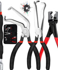 5 Piece Electrical Disconnect Pliers Set With Knuckle Friendly Textured Grips For Extracting Car Terminal Pins And Wire Terminals viewed from above, showing pliers and tools.