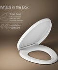 No Sweat Quiet Close Elongated Toilet Seat In Crisp White With Grip Tight Bumpers And Slam Prevention Hinges, shown open with installation hardware.