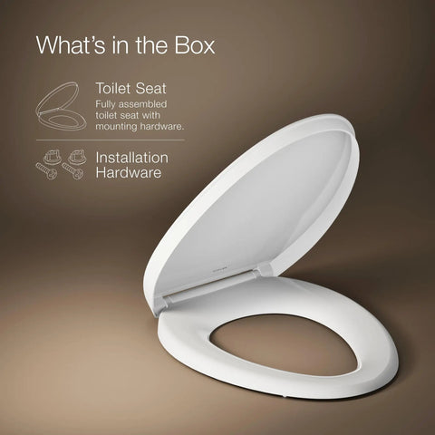 No Sweat Quiet Close Elongated Toilet Seat In Crisp White With Grip Tight Bumpers And Slam Prevention Hinges, shown open with installation hardware.