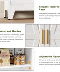 Close-up of 61-inch farmhouse pantry cabinet showing tapered legs, barn doors with gold handles, and adjustable shelves.