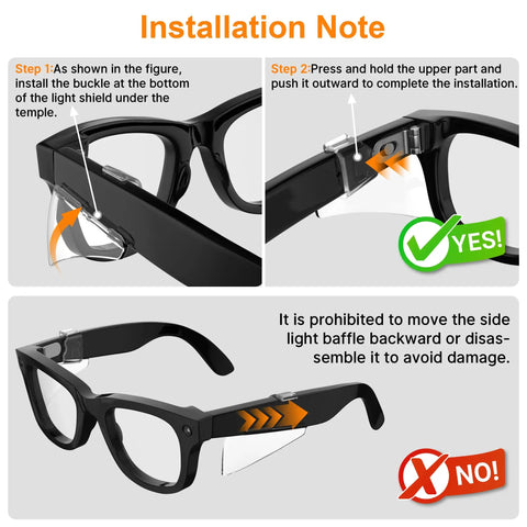 Installation guide for Side Shield Safety Glasses Guards For Ray Ban Meta Wayfarer Skyler Headliner And Oakley Meta HSTN Smart Glasses.