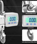 Heavy Duty Digital Crane Scale 1100 Lbs Capacity For Serious Hanging Tasks, featuring LCD screen, alloy steel hook, and tare button.